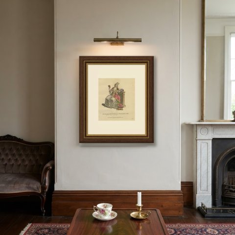 Duchess of Portsmouth in Undress, Seated with Fan, Jefferys Costume Print, 1757, shown framed on a wall