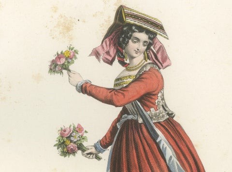 Set of Three Antique Italian Women Folk Costume Engravings, circa 1850, close-up 1