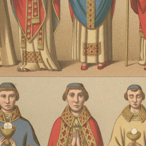 Medieval European Clergy Costumes by Racinet, Gothic Vestments, 1888, close-up 5