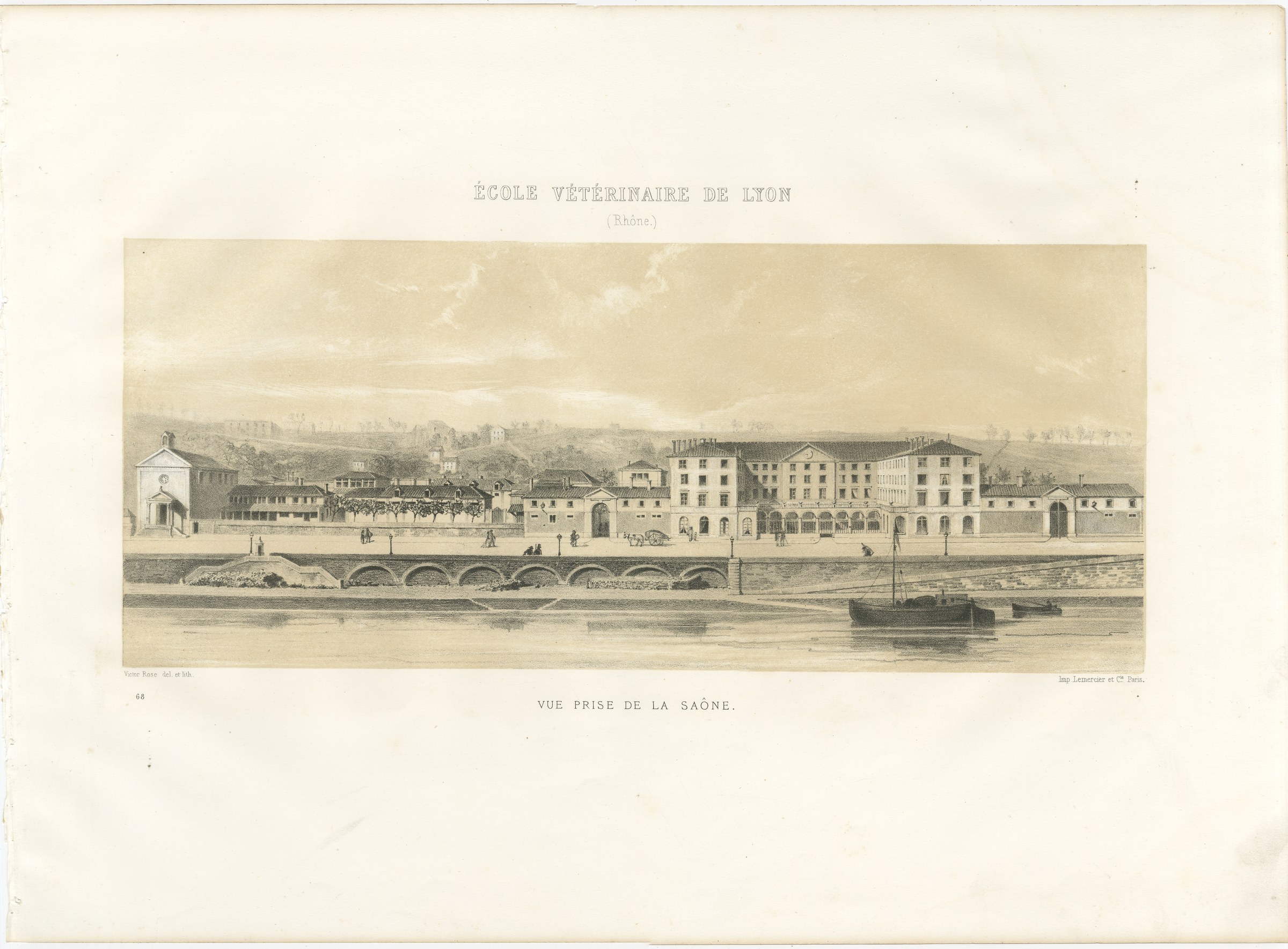 Lyon Veterinary School from the Saone, Antique French Print, 1873, view 2