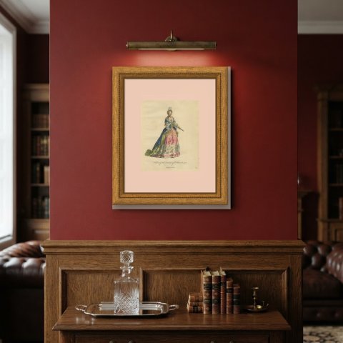Duchess of Orléans in 1700 with a Fan, Hand Colored Jefferys Engraving, 1757, shown framed on a wall