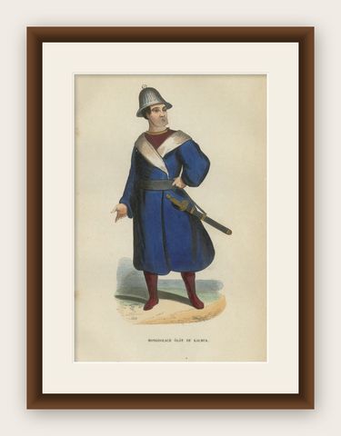 Antique Costume Print Mongol Kalmyk Warrior, Hand-Colored, 1854, shown framed