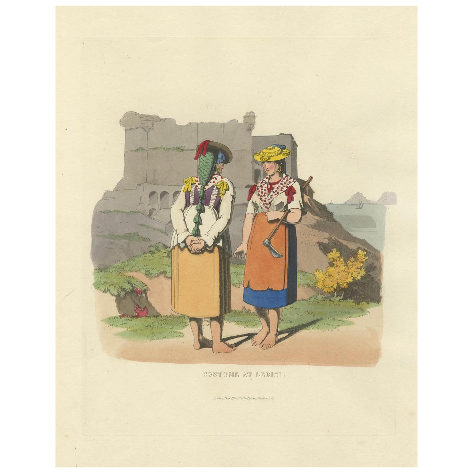 Costume Print: Peasant Women at Lerici in Italy, 1820s Hand-Colored Engraving