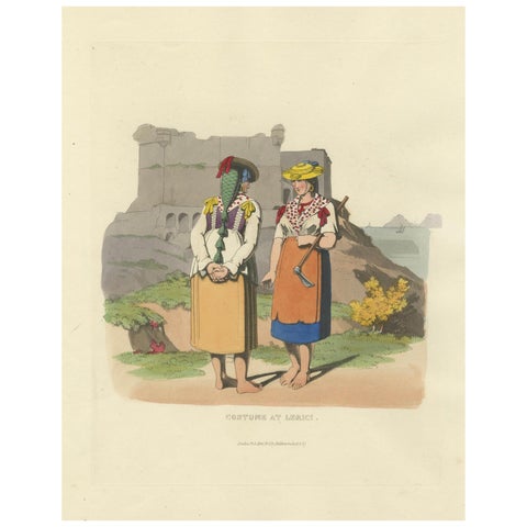 Costume Print: Peasant Women at Lerici in Italy, 1820s Hand-Colored Engraving