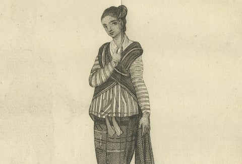 Tattooed Burmese Farmer and His Wife, Antique Costume Print, circa 1800, close-up 4