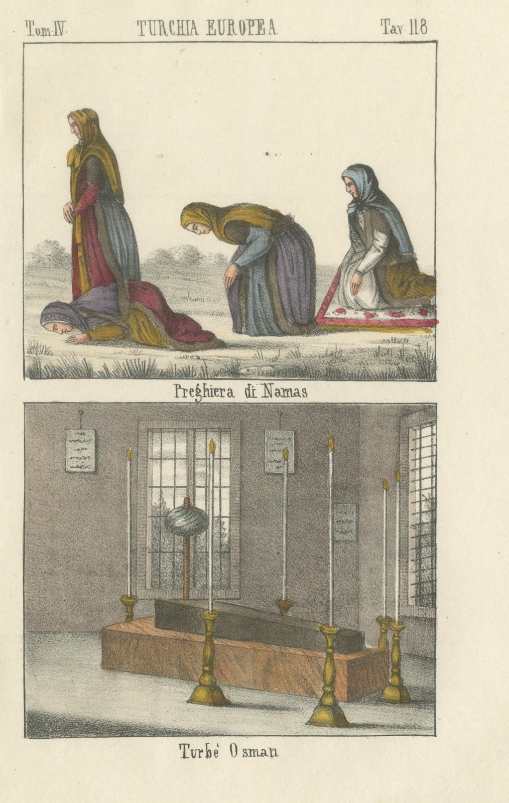 Women at Namaz Prayer and the Tomb of Osman, Hand Colored Lithograph, 1842