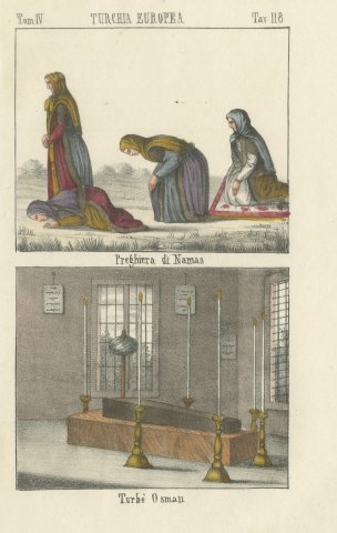 Women at Namaz Prayer and the Tomb of Osman, Hand Colored Lithograph, 1842