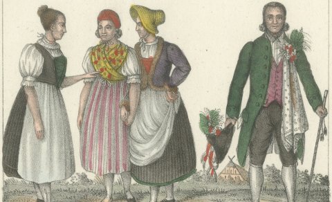 Wendish Women in House and Festival Dress with a Paranymph and a Bride, 1842, close-up 1