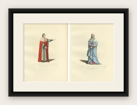 Set of 2 Antique Prints of a Nobleman and Noblewoman from Milan, 'circa 1860', shown framed