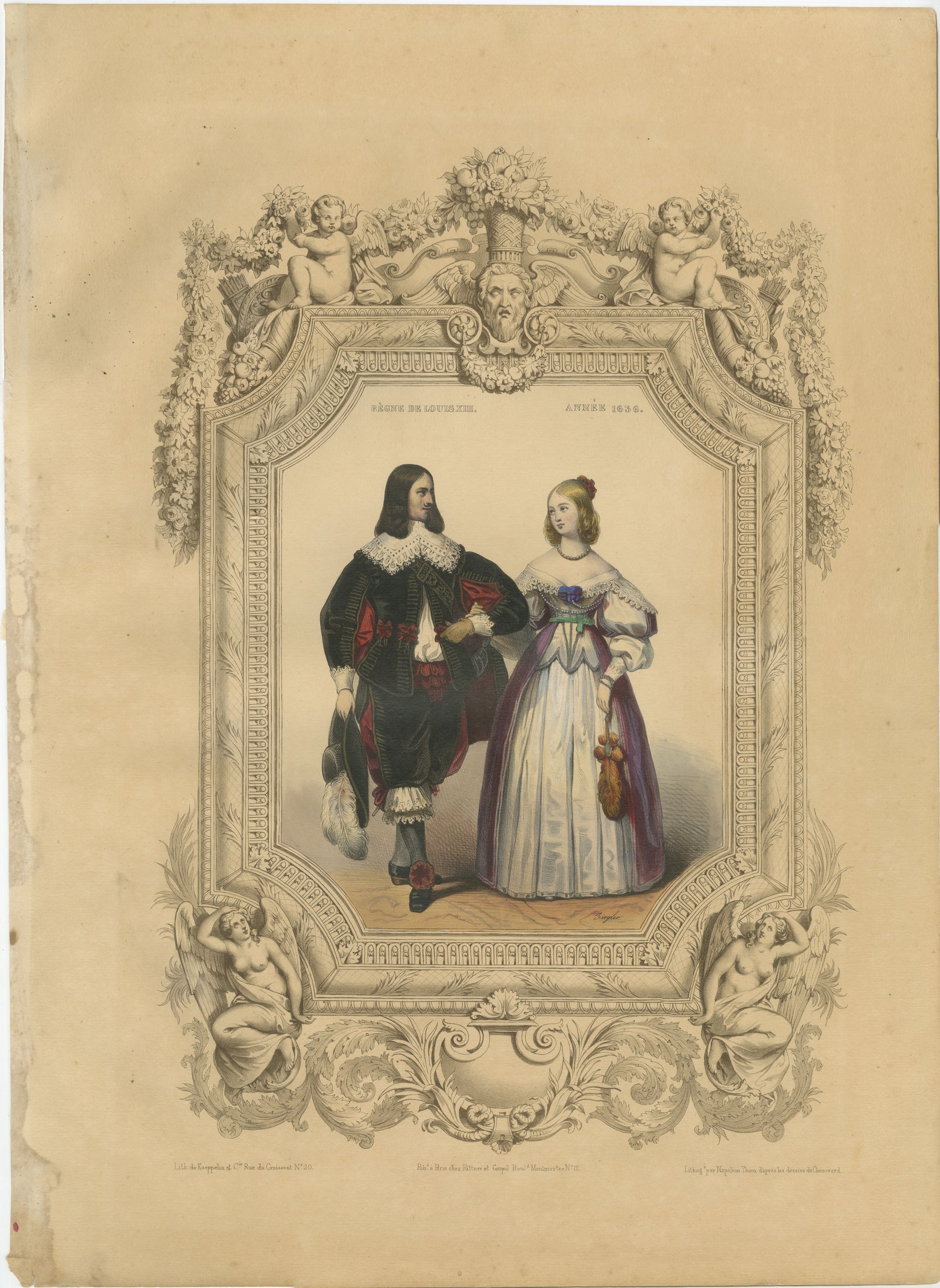 Louis XIII & Anne of Austria French Court Costume Lithograph, 1847