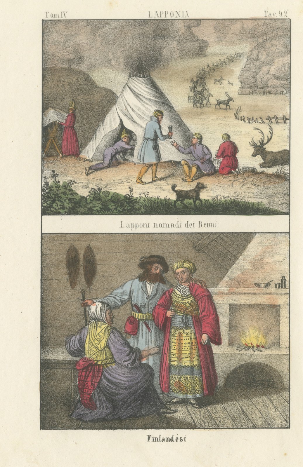 Nomadic Lapp Reindeer Camp and a Finnish Interior, Hand Colored Lithograph, 1842