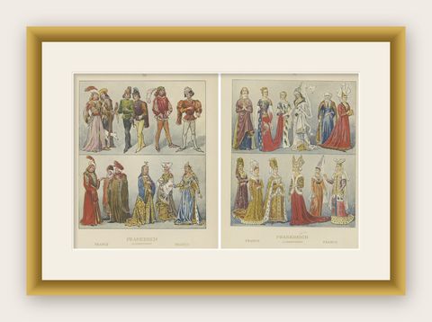 France 15th Century, Pair of Antique Hand-Colored Costume Prints, Published 1880, shown framed