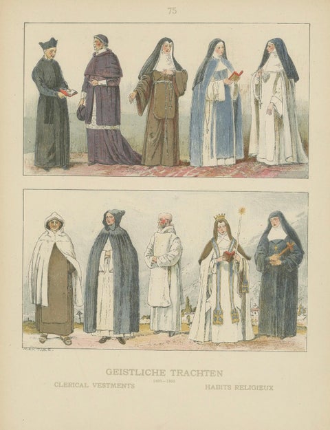 Catholic Religious Costume Study, Hand-Colored Print, Published ca.1880, close-up 1