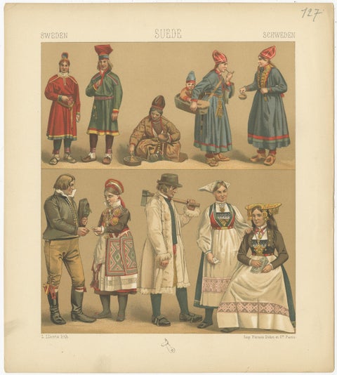 Pl. 127 Antique Print of Swedish Costumes of Racinet, 'circa 1880', view 2
