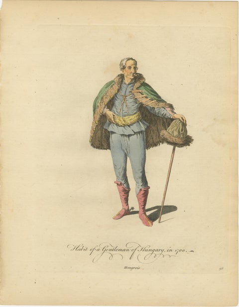 Hungarian Gentleman & Lady Costume Engravings, Hand-Colored Pair, 1749, view 2