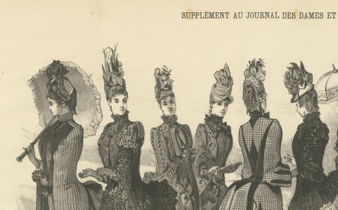 Large French Fashion Plate, Panoramic Couture Study, Paris, c.1887, close-up 2