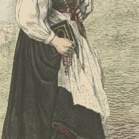 Old Costume Print of a Woman in Winter Costume from Montafon in Austria, Ca.1880, close-up 2
