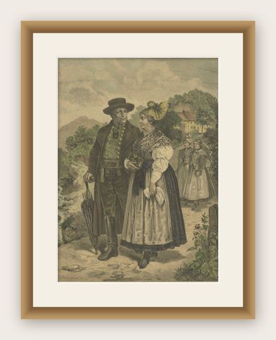 Austrian Folk Couple in Traditional Dress, Alpine Genre Scene, 19th Century, shown framed