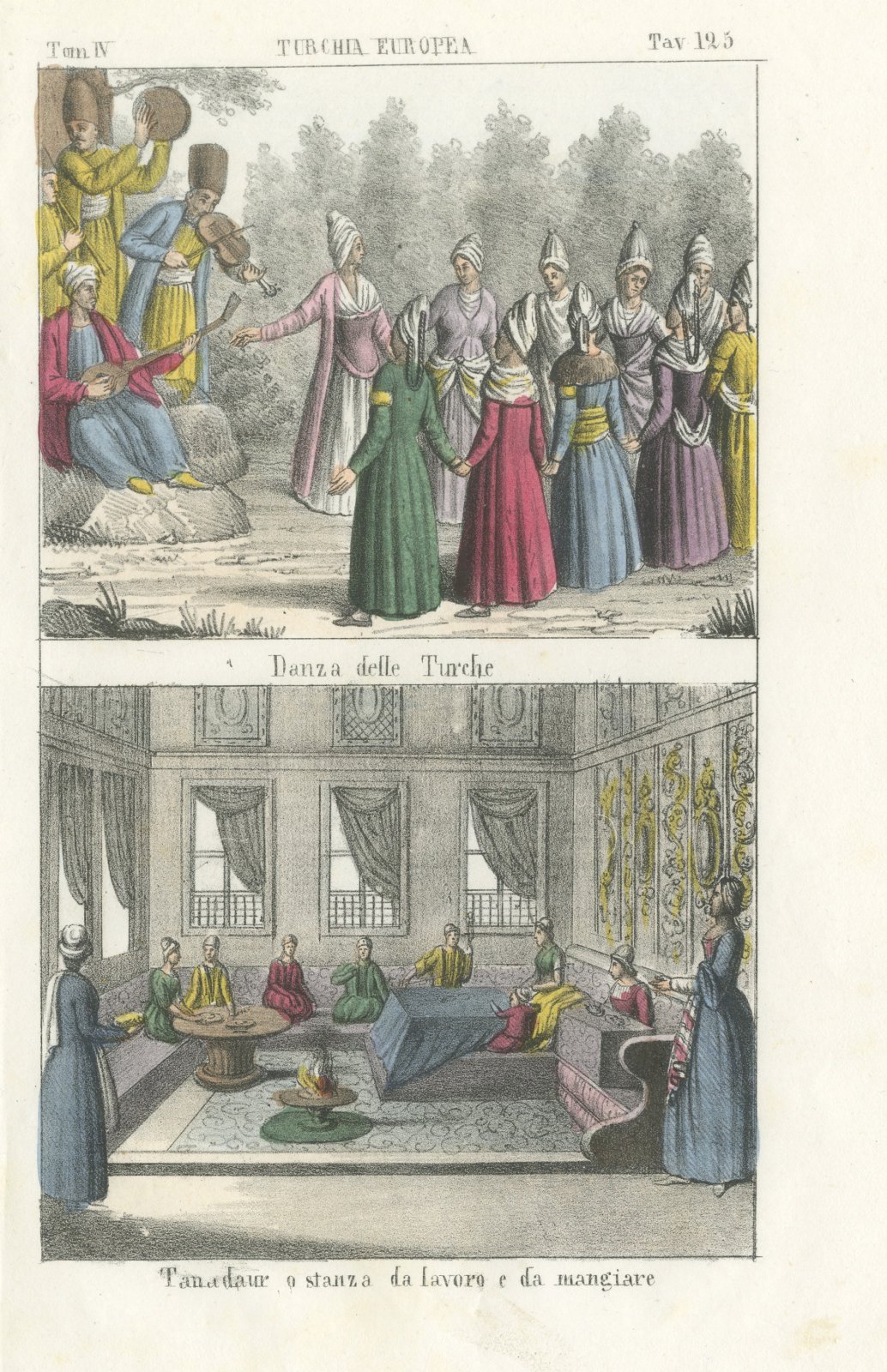 A Dance of Turkish Women and a Room for Work and Meals, Lithograph, 1842