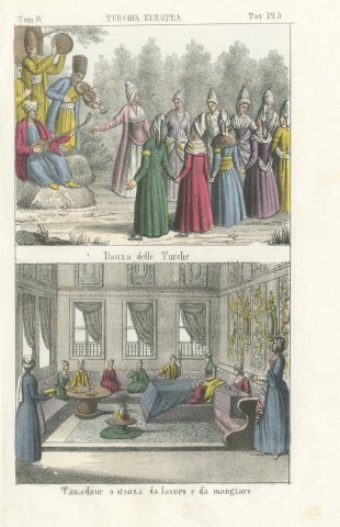 A Dance of Turkish Women and a Room for Work and Meals, Lithograph, 1842