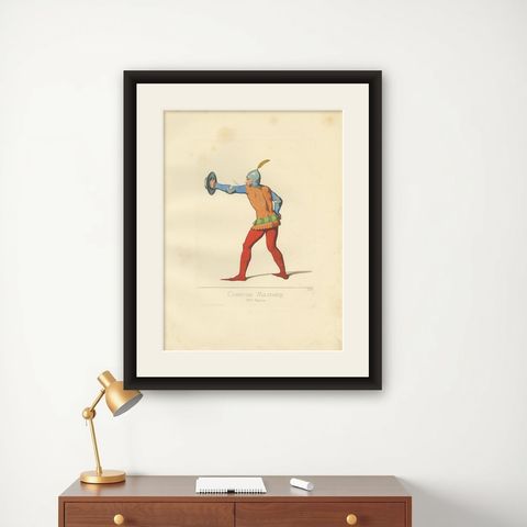 Antique Print of a 14th Century Italian Military Costume by Bonnard, 1860, shown framed on a wall