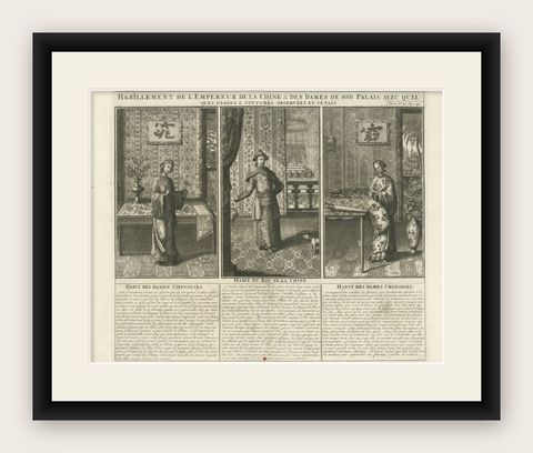Antique Chinese Court Costume Engraving, Emperor & Palace Ladies, ca.1720, shown framed