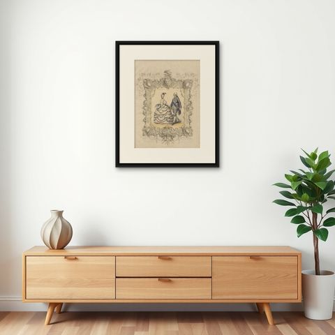 Louis XV & Madame de Pompadour Rococo Court Costume Lithograph, 1847, shown framed on a wall