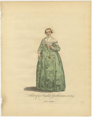 English Gentlewoman in 1640, Green Gown and Lace Kerchief, Jefferys Print, 1757, view 2