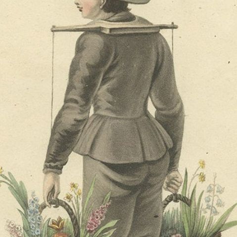 Antique Handcolored Print of a Boy Selling Flowers in Rotterdam, Holland, 1817, close-up 3