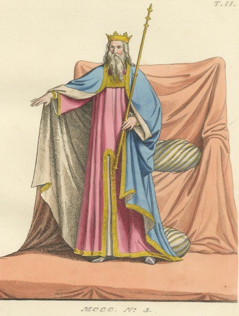 Antique 1845 Hand-Colored Print of a Medieval King in Regal Robes with Scepter, close-up 1