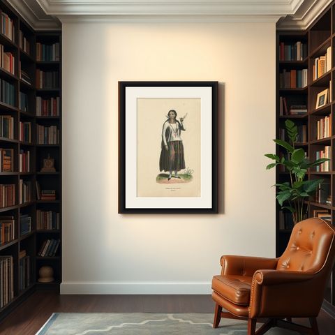 Antique Costume Print of a Woman of Guam by Wahlen, 1843, shown framed in a room