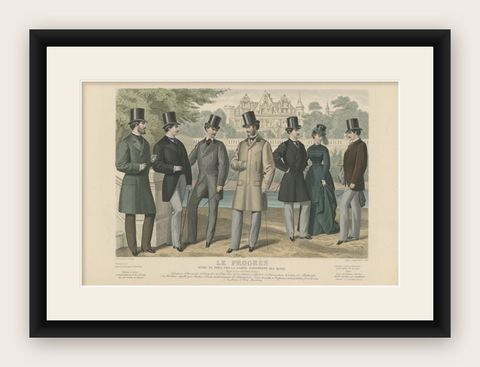 Hand-Colored Antique Fashion Print, Published in September, 1874, shown framed