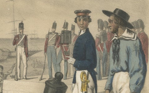 British and Scottish Costumes, Officers, Guards, and Sailors, c.1845, close-up 5