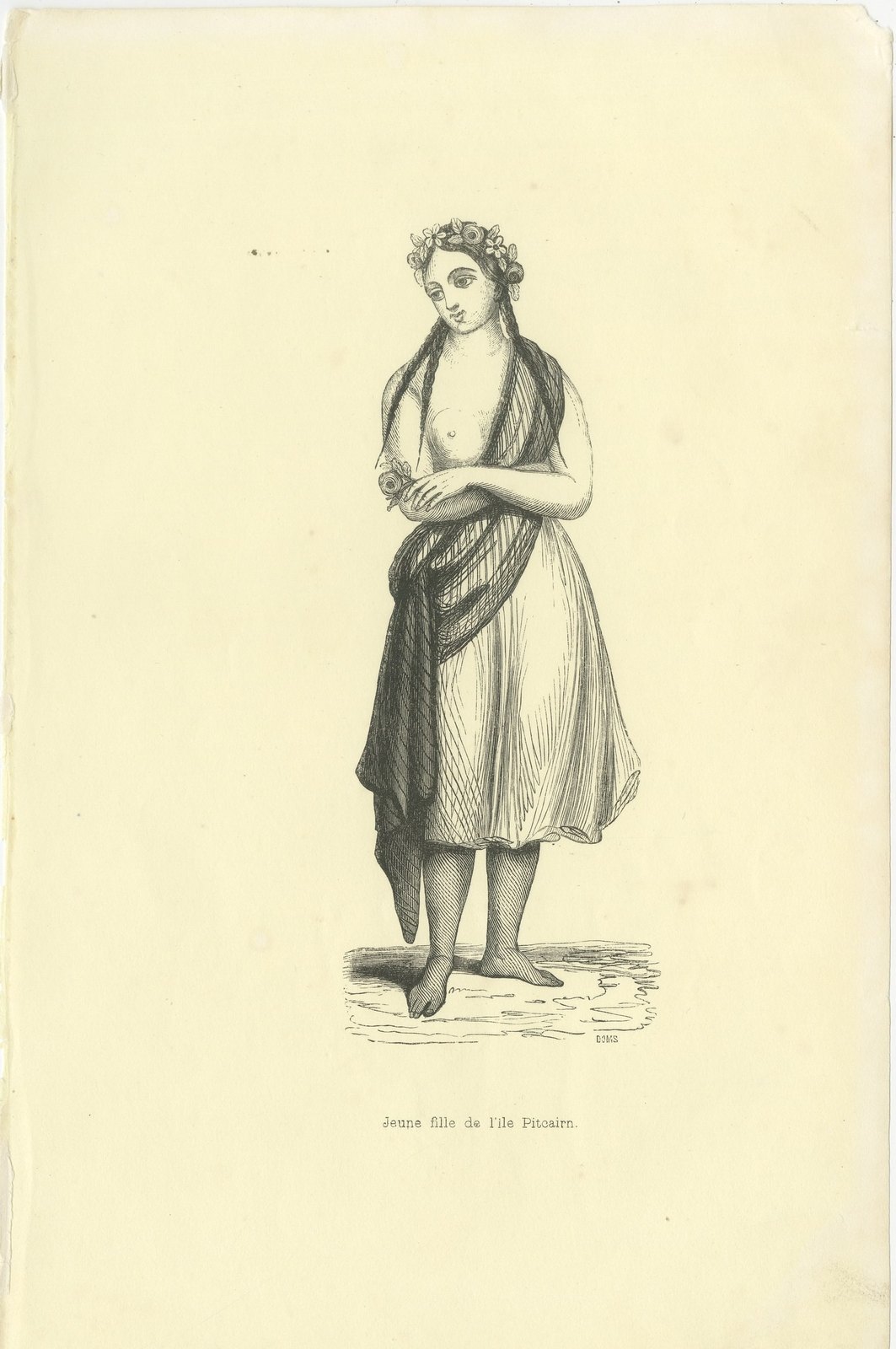 Young Girl of Pitcairn Island, Antique Wahlen Costume Print, 1843-1844