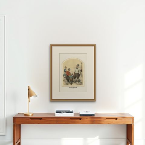 Antique Costume Print of the Province of Noord-Holland, Marken in Holland, 1857, shown framed on a wall