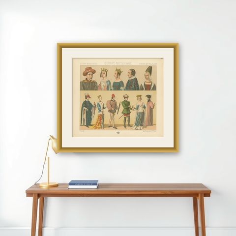 Pl. 20 Antique Print of European Costumes by Racinet, circa 1880, shown framed on a wall