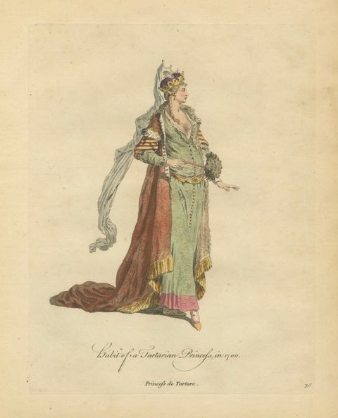 Tartar Princess Costume Print, Hand-Colored Engraving by Jefferys, 1749, close-up 1