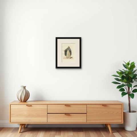 15th Century Dominican Friar, Antique Costume Print, Published 1845, shown framed on a wall