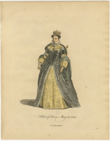 Habit of Queen Mary in 1554, Hand Colored Jefferys Costume Plate, 1757, view 2