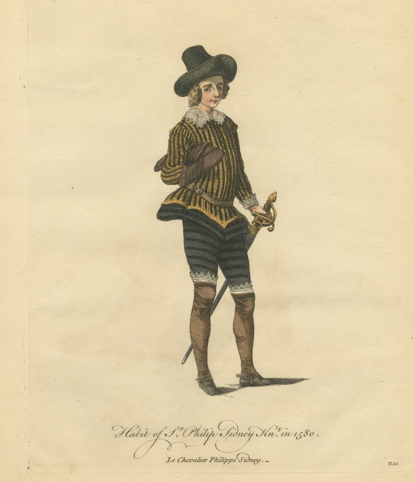 Habit of Sir Philip Sidney in 1580, Hand Colored Jefferys Costume Plate, 1757