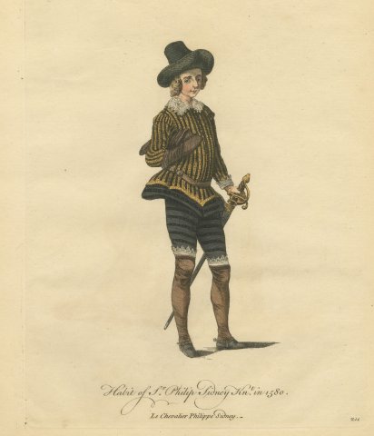 Habit of Sir Philip Sidney in 1580, Hand Colored Jefferys Costume Plate, 1757