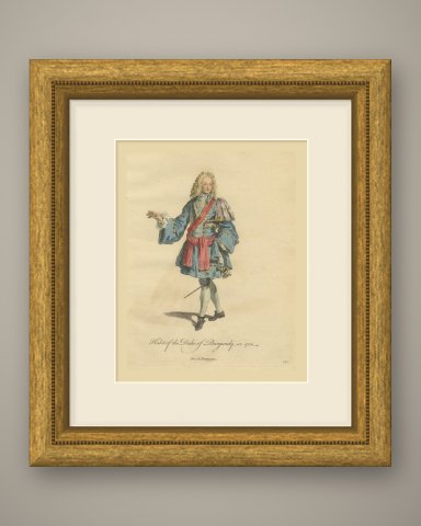 Duke of Burgundy in 1700, Hand Colored Jefferys Costume Engraving, 1757, shown framed