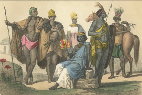 South African Costumes, Hottentots, Sudanese Women, and Chief Moussaou, c.1845, close-up 1