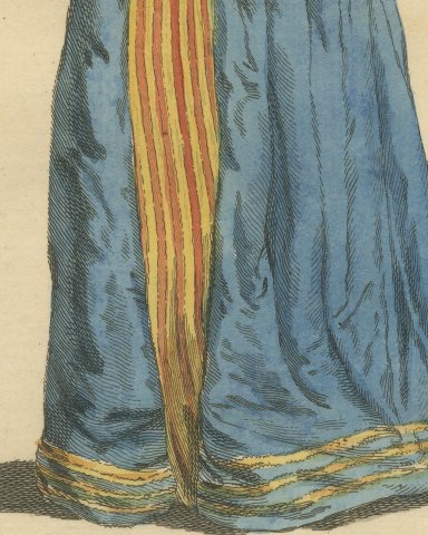 English Lady of Quality in 1640 with Feather Fan, Jefferys Costume Print, 1757, close-up 3
