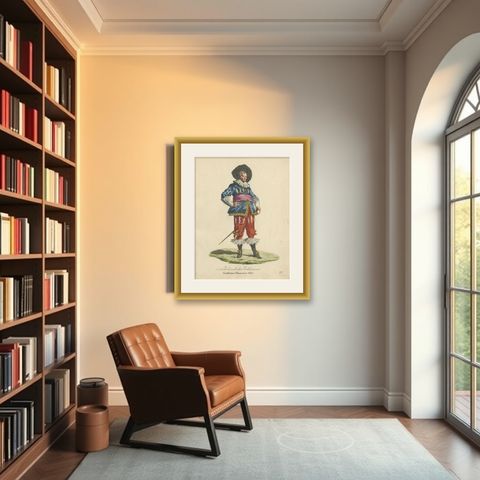 Rare Antique Hand-Colored Print of a Dutch Nobleman in 1620, Published in 1805, shown framed in a room