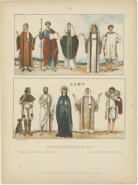 Early Christian Period Costume Plate, Antique Hand-Colored Print c.1880, view 2