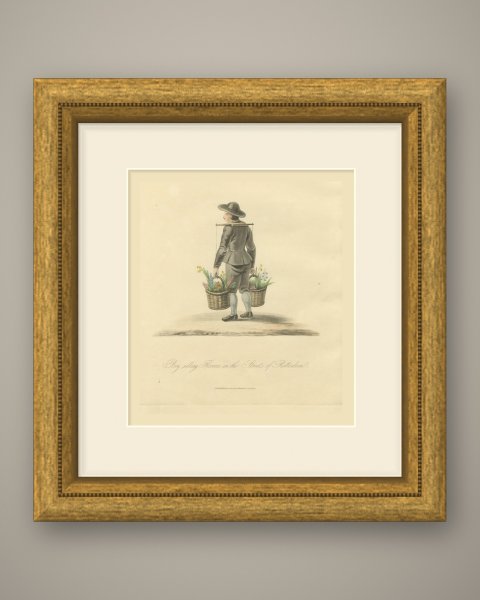 Boy selling Flowers in Rotterdam, Daffodil Baskets, Antique Print, 1817, shown framed