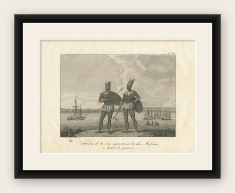 Antique Print of Burmese Natives in War Costume of old Burma (1800), shown framed