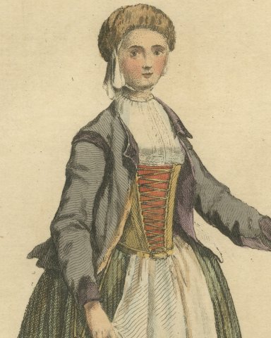 Country Woman near Nuremberg in Laced Bodice and Apron, 1755, Jefferys 1757, close-up 1