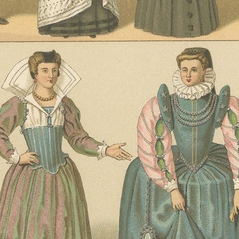 Pl. 70 Antique Print of French 16th Century Costumes by Racinet, circa 1880, close-up 2
